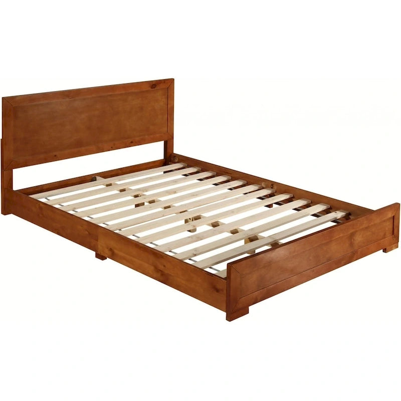 Brown Inlaid Panels Solid Wood Full Bed Frame