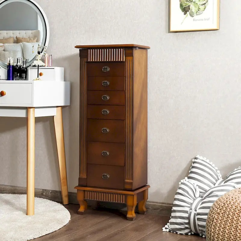 Costway Jewelry Cabinet Storage Chest Stand Organizer Necklace Wood - 14.8(L) X9(W) X38.6(H)