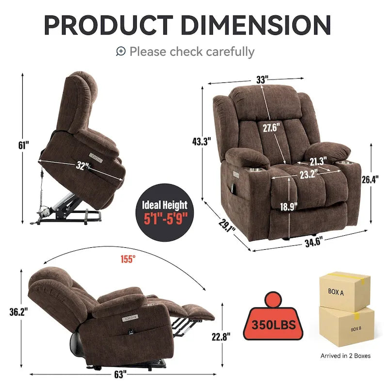 Chenille Power Lift Recliner Chair with Massage and Lumbar Heat