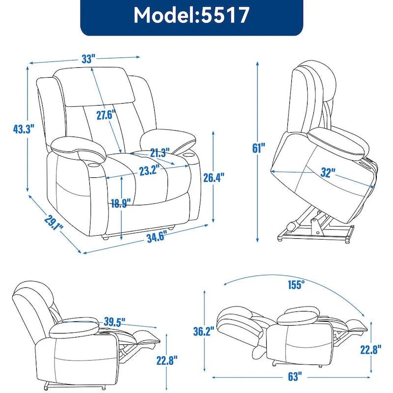 Chenille Power Lift Recliner Chair with Massage and Lumbar Heat