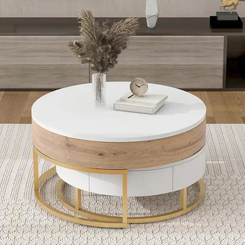 Round Lift-Top Coffee Tables with Nesting Design and Drawers