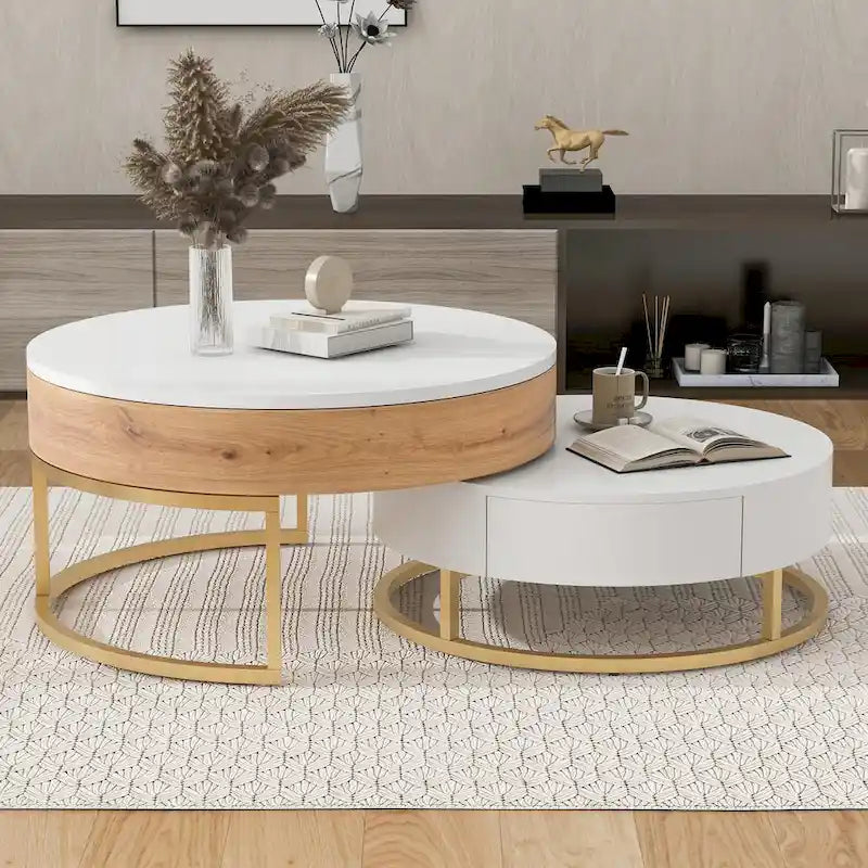 Round Lift-Top Coffee Tables with Nesting Design and Drawers