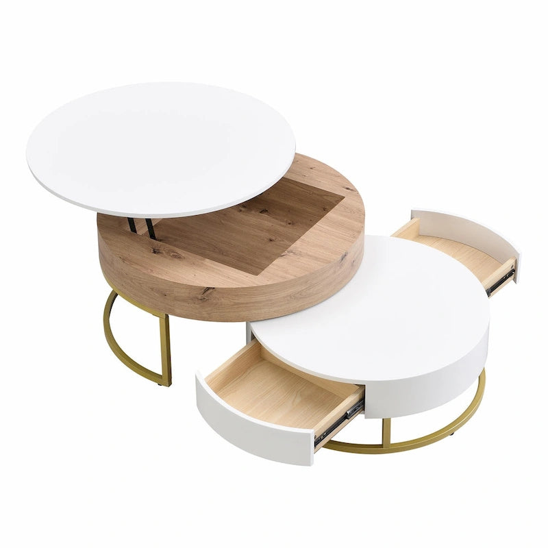 Round Lift-Top Coffee Tables with Nesting Design and Drawers