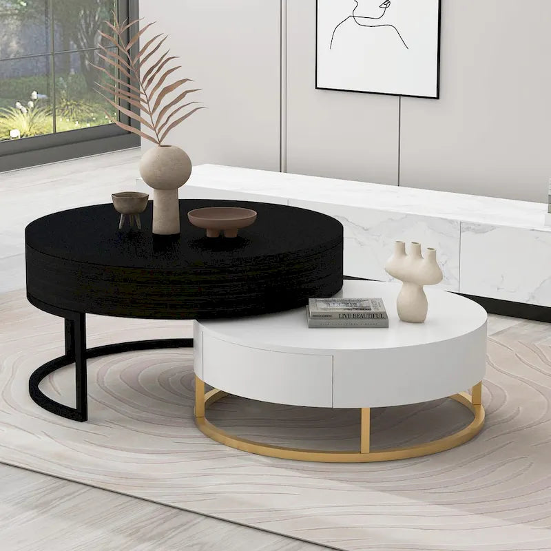 Round Lift-Top Coffee Tables with Nesting Design and Drawers