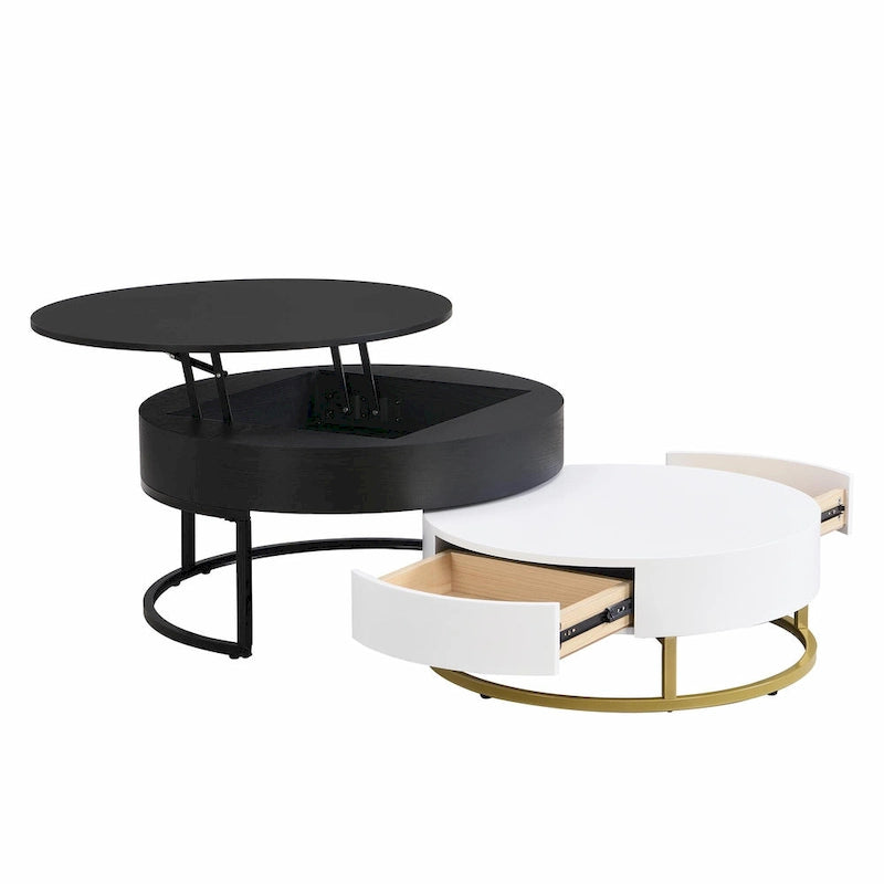 Round Lift-Top Coffee Tables with Nesting Design and Drawers