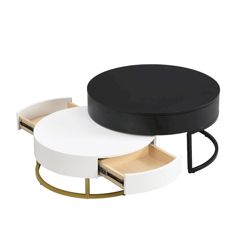 Round Lift-Top Coffee Tables with Nesting Design and Drawers