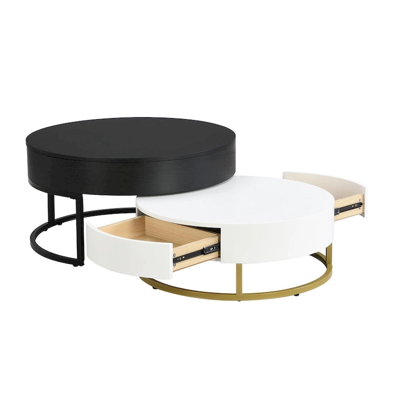 Round Lift-Top Coffee Tables with Nesting Design and Drawers