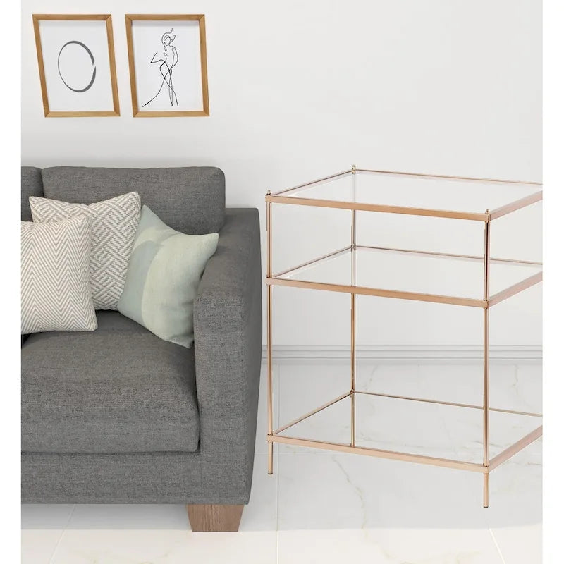 Gold Mirrored Glass End Table with Iron Frame and Shelf