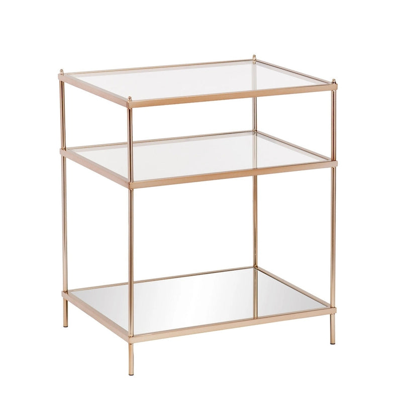 Gold Mirrored Glass End Table with Iron Frame and Shelf