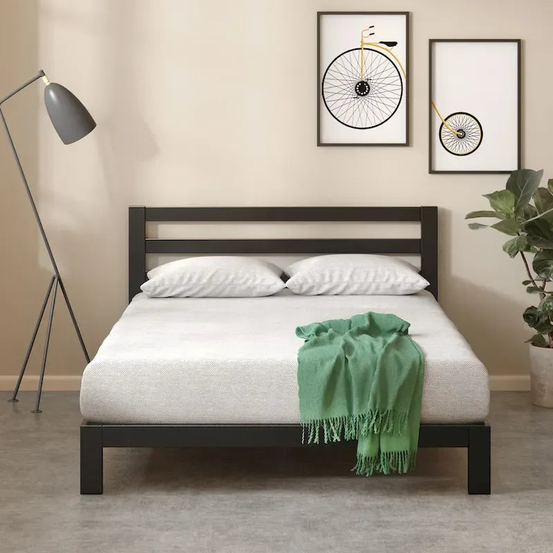 Black Metal King Platform Bed with Headboard