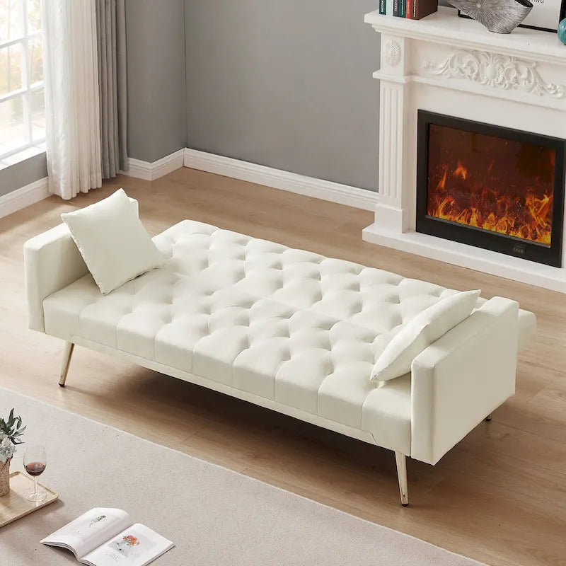 Cream Tufted Velvet Convertible Sofa Bed
