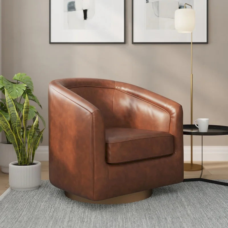 Swivel Barrel Accent Chair with Vinyl Wrapped Base