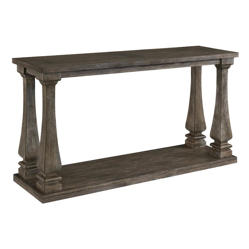Gray Wood Sofa Table with Open Shelf and Baluster Legs