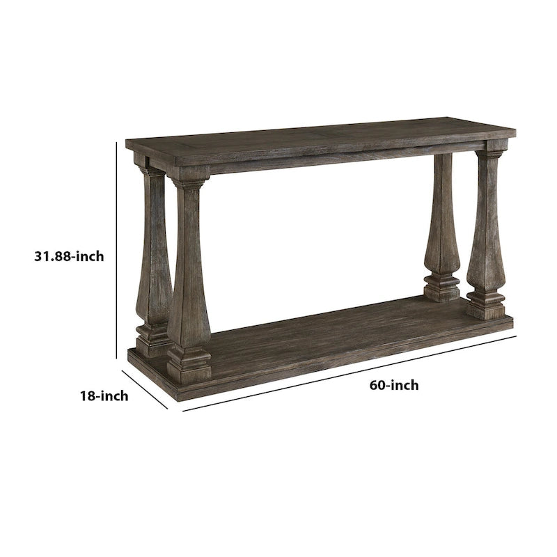 Gray Wood Sofa Table with Open Shelf and Baluster Legs
